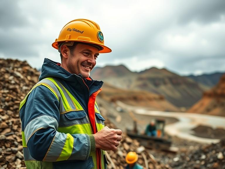 Mine worker smiling wearing hardhat